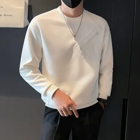 潮流拼接重磅长袖卫衣痞帅秋季新款休闲套头拉链装饰上衣t恤外套商品大图