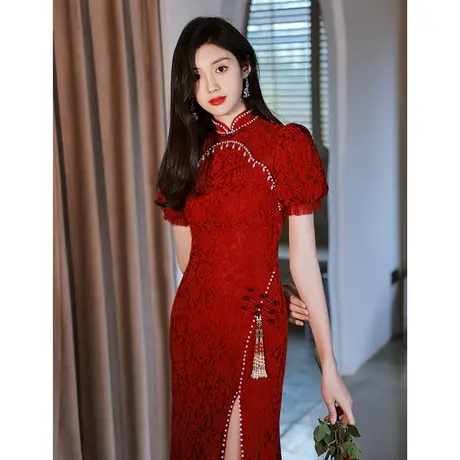 旗袍敬酒服新娘高级感夏季鱼尾蕾丝回门订婚红色礼服中式结婚高端图片