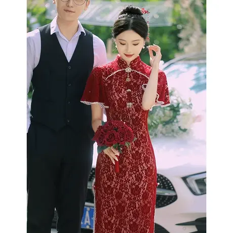 旗袍敬酒服2024新款新娘高级感回门订婚礼服红色蕾丝中式连衣裙夏图片