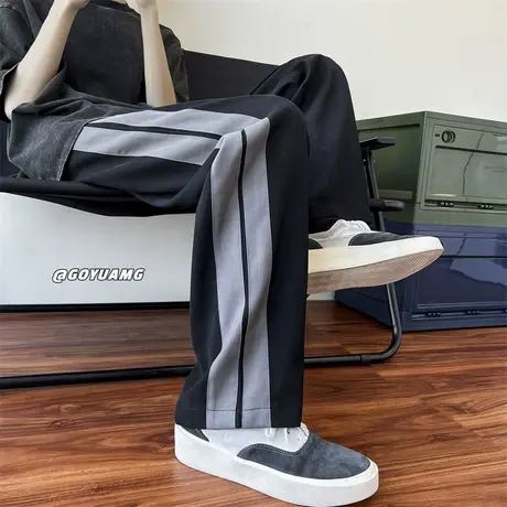 潮牌撞色条纹运动裤男夏季美式复古高街卫裤宽松直筒阔腿休闲长裤商品大图