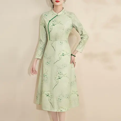 水墨青华2024春季新款立领优雅新中式国风旗袍百搭素雅蕾丝连衣裙图片