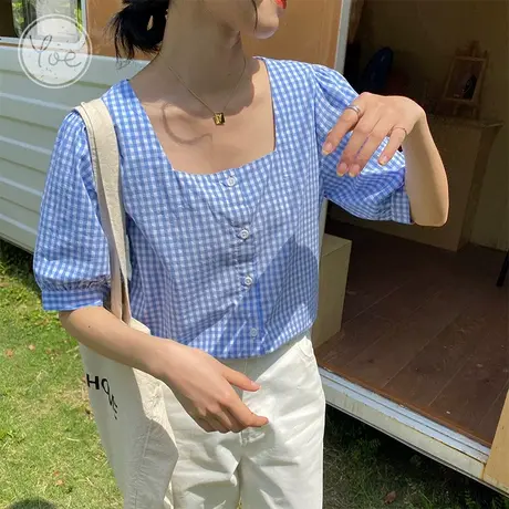 yoe方领格子衬衫女法式ins小众泡泡袖上衣外穿百搭春夏蓝色宽松图片