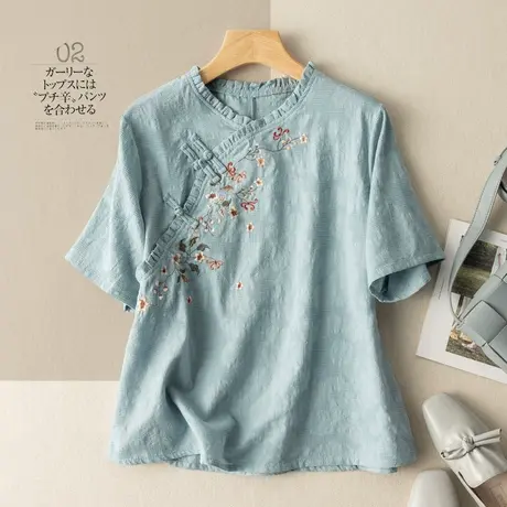 短袖棉麻T恤女斜襟盘扣文艺复古亚麻上衣2022夏季新款中国风茶服商品大图