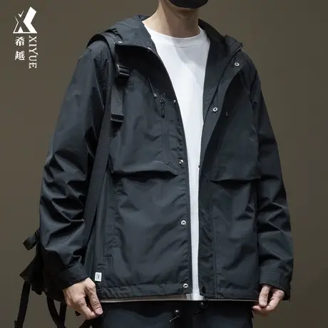 希越美式工装夹克男2024春秋新款户外宽松大码男士高级感连帽外套图片