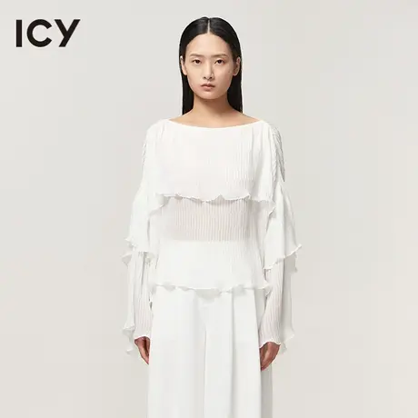 icy新款透视压褶一字领喇叭袖衬衫【ZHANG YUHAO设计】商品大图