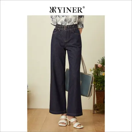 YINER音儿女装2022夏季新款高腰藏蓝薄款双腰带阔腿牛仔裤商品大图