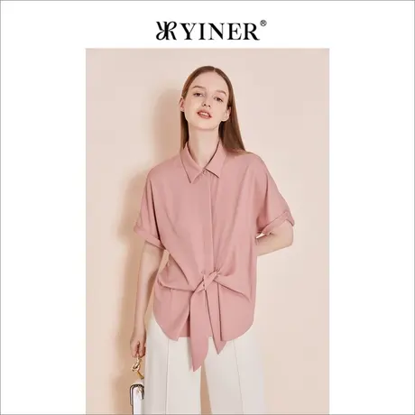 YINER音儿女装2023夏粉色飘带收褶衬衫度假风POLO领上衣商品大图