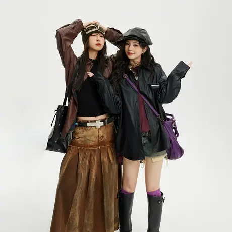 潮牌设计感PU皮纯色衬衫女春季2024年新款复古美拉德穿搭宽松衬衣图片