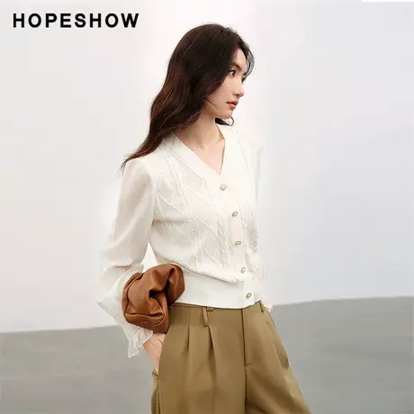 红袖设计感拼接V领开衫hopeshow2024春季新款麻纹休闲简约针织衫图片