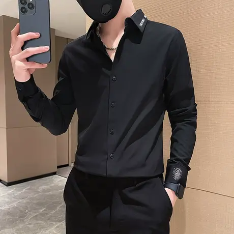 秋冬季刺绣字母韩版修身设计感发型师长袖衬衫个性休闲痞帅衬衣商品大图