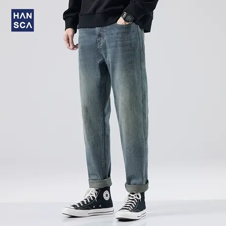 hasnca复古牛仔裤男宽松直筒秋季潮牌水洗休闲破洞锥形弹力长裤子商品大图