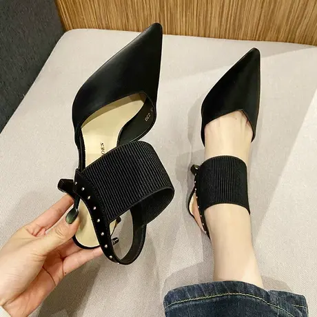 包头凉鞋女春秋法式细跟配裙子单鞋2024新款气质一脚蹬尖头高跟鞋商品大图