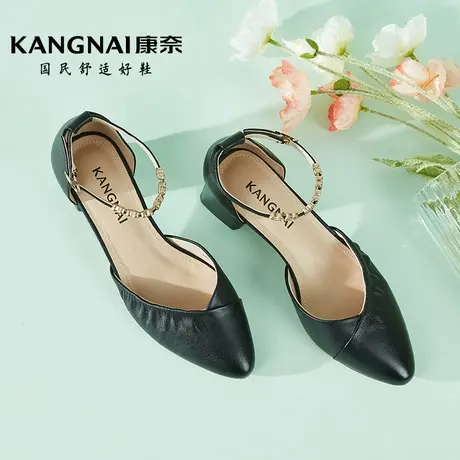 康奈女鞋2024夏季新款时尚粗跟尖头真皮女单鞋一字扣带中空女凉鞋商品大图