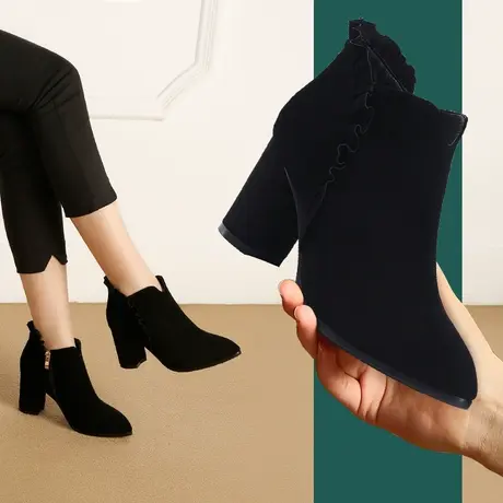 秋冬新款加绒短靴羊皮磨砂皮高跟靴子粗跟尖头舒适久穿不累商品大图