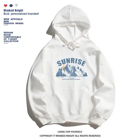 2023秋冬港风潮牌印花卫衣男青少年连帽白色套头宽松休闲加绒帽衫图片