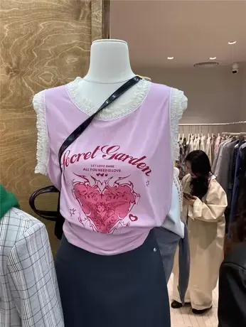 韩国吊带背心无袖2024春夏季新款显瘦圆领拼接蕾丝花边辣妹上衣女商品大图