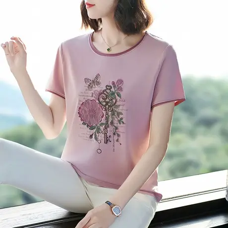 中老年妈妈装夏装T恤衫高档重工艺刺绣休闲圆领大码宽松短袖女装图片