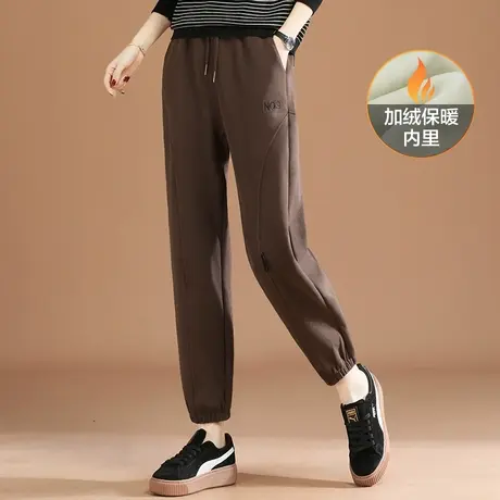 时尚刺绣加绒卫裤子女休闲裤2023新款冬季宽松咖啡色哈伦运动裤厚图片
