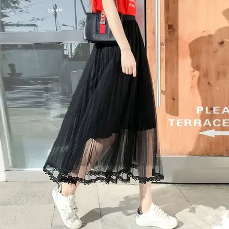 网纱半身裙女春夏新款百褶蕾丝边仙女蓬蓬裙高腰显瘦长裙7025图片