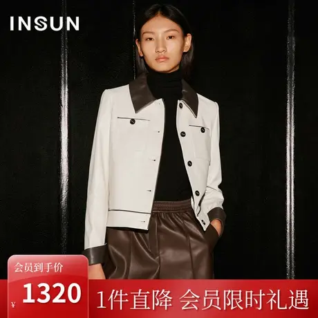 恩裳COVER2023秋装新款美拉德绵羊皮撞色小香风设计感短款皮衣女商品大图