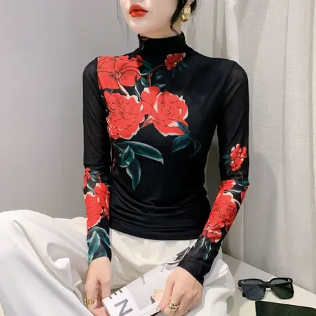 设计感扎染印花上衣性感网纱半高领T恤女长袖洋气修身透气打底衫商品大图