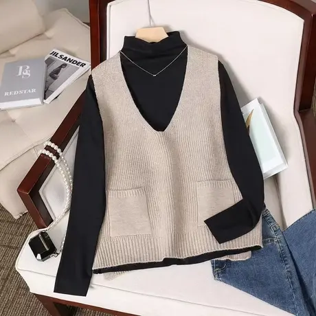 2023秋季新款外穿v领无袖套头针织马甲背心宽松洋气百搭针织衫女图片