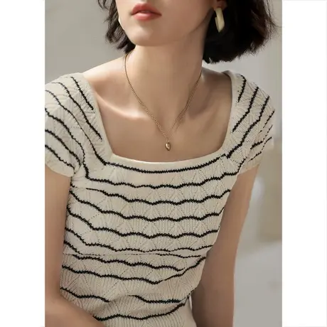 弥古法式方领复古小飞袖上衣短款女夏短袖t恤条纹镂空针织衫修身图片