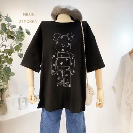 2020秋冬新款磨毛加厚短袖韩国东大门ins水钻小熊宽松T恤内搭大码商品大图