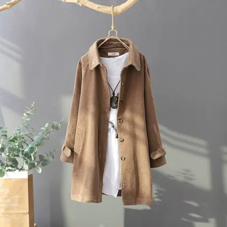 灯芯绒衬衫女2023春装新款长袖宽松韩范上衣薄外套中长款文艺衬衣图片