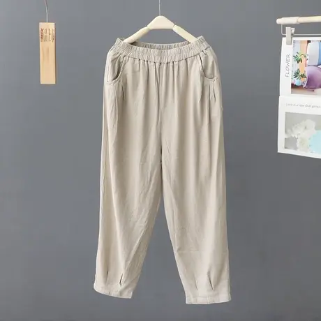 松紧腰棉麻哈伦裤大码文艺女装复古亚麻裤子九分裤宽松高腰休闲裤图片