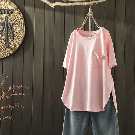 枫谜2020年夏季新款文艺简约纯棉短袖T恤女韩版宽松显瘦套头上衣商品大图