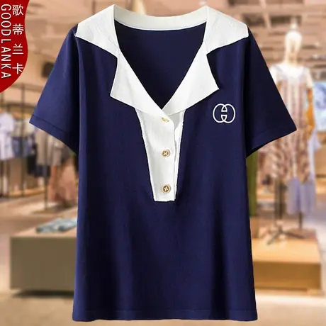 夏季大码200斤针织短袖POLO衫T恤洋气减龄中年妈妈装弹力冰丝上衣商品大图