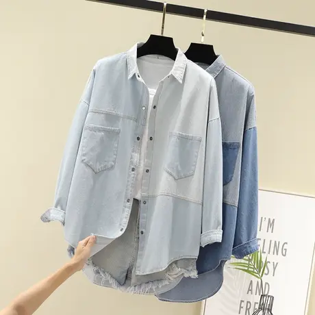 秋季新款韩版长袖上衣拼色设计感小众牛仔衬衫女宽松百搭上衣外套图片