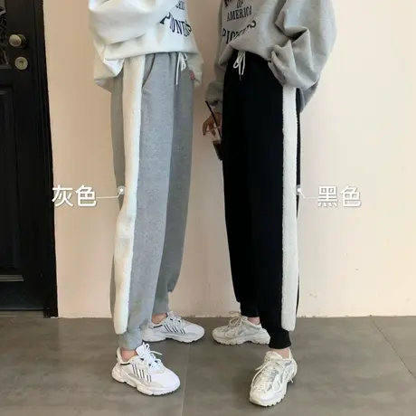 加厚哈伦束脚裤子女秋冬宽松羊羔毛加绒卫裤运动休闲直筒萝卜长裤图片