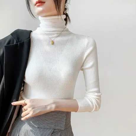 高领拼接长袖针织衫女2023春季新款羊毛纯色韩版西装内搭T恤上衣图片