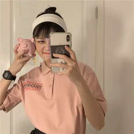 ins潮翻领字母polo衫2020夏季韩版学院原宿bf风宽松纯棉短袖T恤女图片