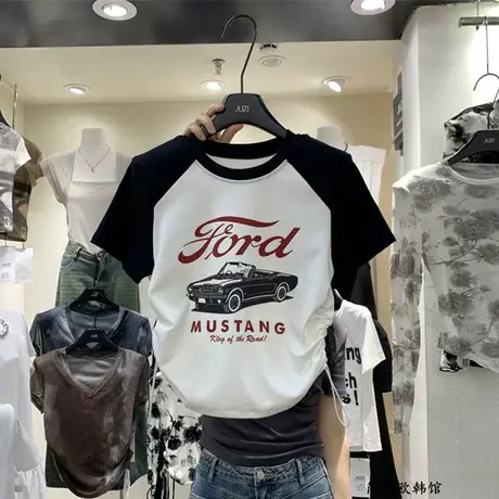 美式复古撞色插肩袖侧边褶皱修身正肩印花减龄T恤女2023夏韩版t潮商品大图