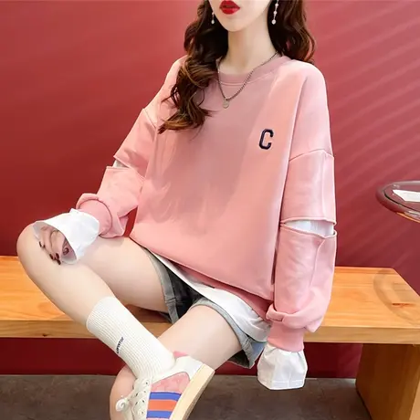 早秋装卫衣女春秋季韩版宽松设计感小众薄款小个子假两件上衣服潮图片