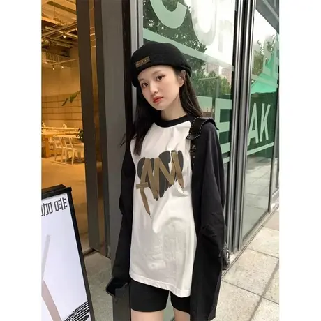 纯棉插肩袖t恤女2023新款春秋小众设计感宽松港味chic长袖上衣服图片