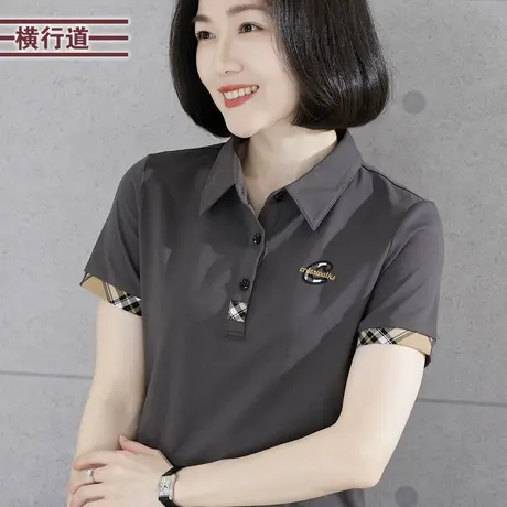 翻领绣花短袖纯色拼接2023新款宽松纯色POLO领衬衣刺绣外穿T恤女商品大图