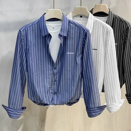 2023春秋新款男士衬衫长袖薄款潮日系条纹免烫上衣休闲衬衣男夏季商品大图