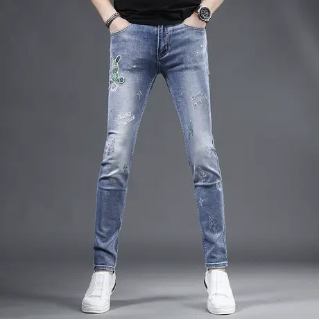 刺绣牛仔裤男款修身小脚裤2023新款夏季薄款蓝色弹力男士绣花裤子商品大图
