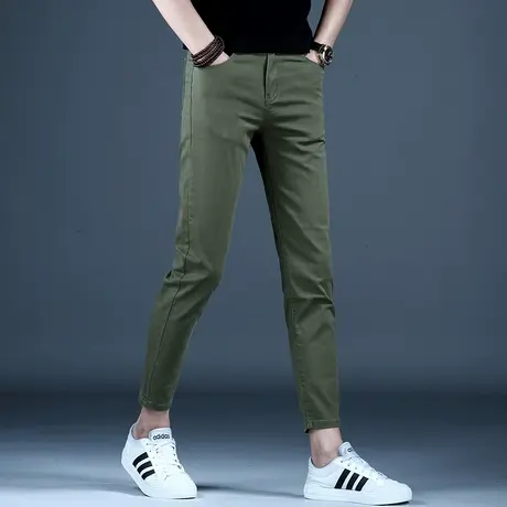 男士军绿色九分休闲牛仔裤男款修身小脚2023爆款潮牌潮流弹力裤子商品大图