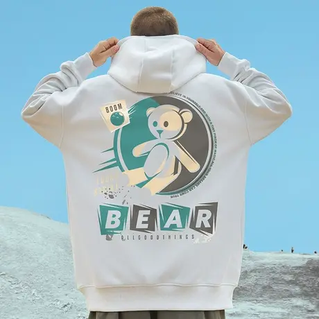 2023新款潮牌胖子男装连帽宽松小熊加绒加肥大码情侣装卫衣秋冬季图片