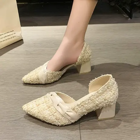 2023年夏季新款网红浅口侧空晚晚温柔仙女风尖头小香风高跟单鞋女商品大图