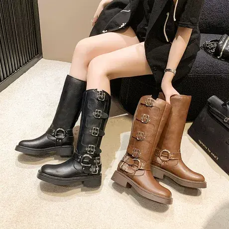 不过膝长筒靴女真皮复古英伦风金属皮扣西部牛仔靴网红高筒骑士靴商品大图