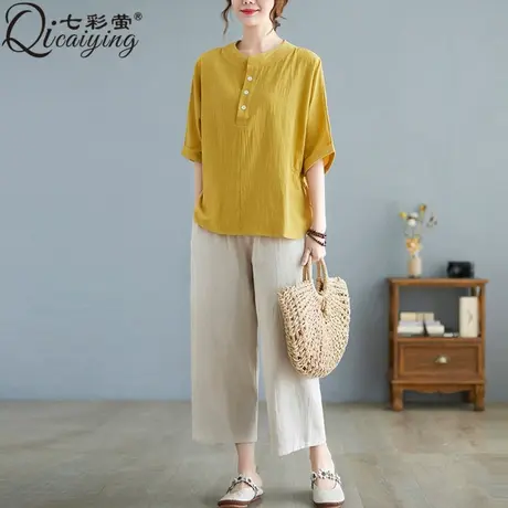 妈妈睡衣女夏季薄款可外穿棉绸套装时尚宽松短袖棉麻两件套家居服图片
