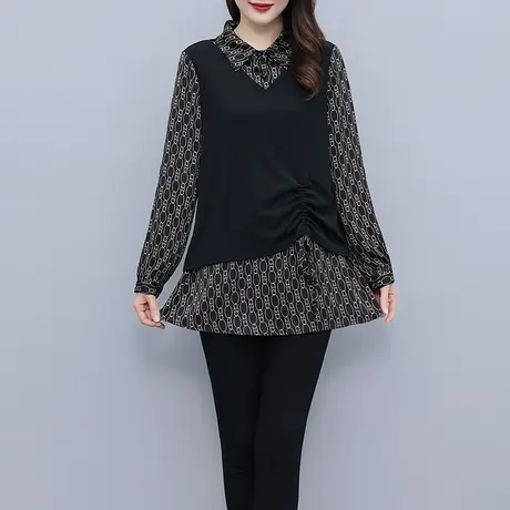 大码女装假两件衬秋季2023年新款时尚显瘦遮肚女上衣黑色宽松小衫图片