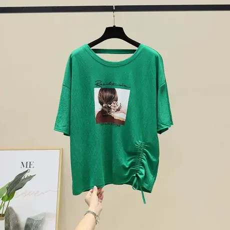 2023夏季圆领短袖T恤女设计感小众韩版宽松美女印花下摆抽绳上衣商品大图