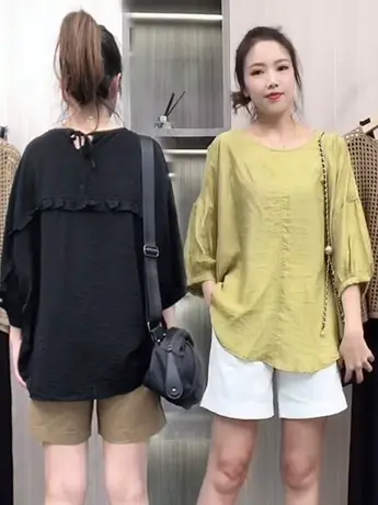 小众设计感甜美轻熟风圆领套头衬衫夏女宽松中袖气质五分袖衬衣潮商品大图